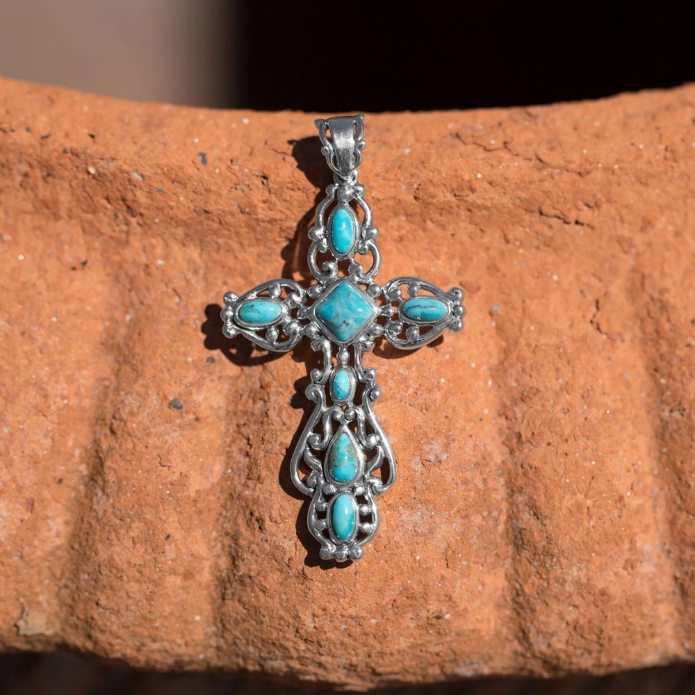 NEW 925 Sterling Silver Ornate Turquoise Cross Pendant